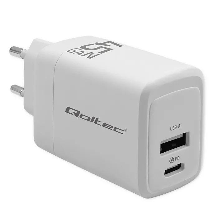 Ładowarka sieciowa Qoltec 51825 GaN USB-A USB-C 45W Biały