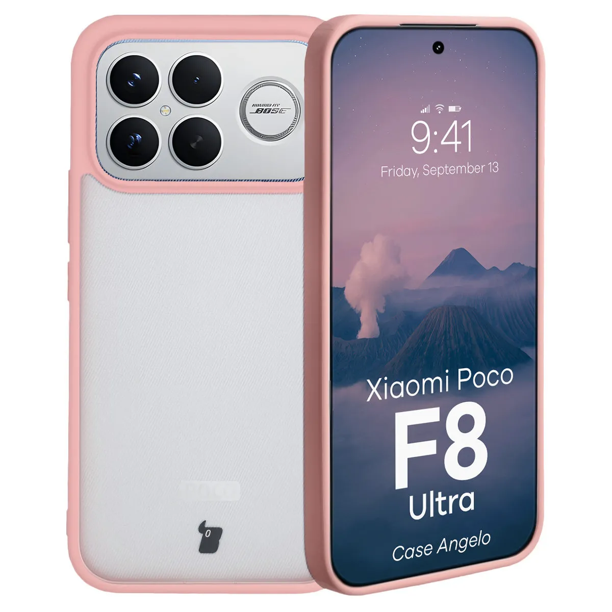 Etui Bizon Angelo do Xiaomi POCO F8 Ultra Półprzeźroczyste z różową ramką