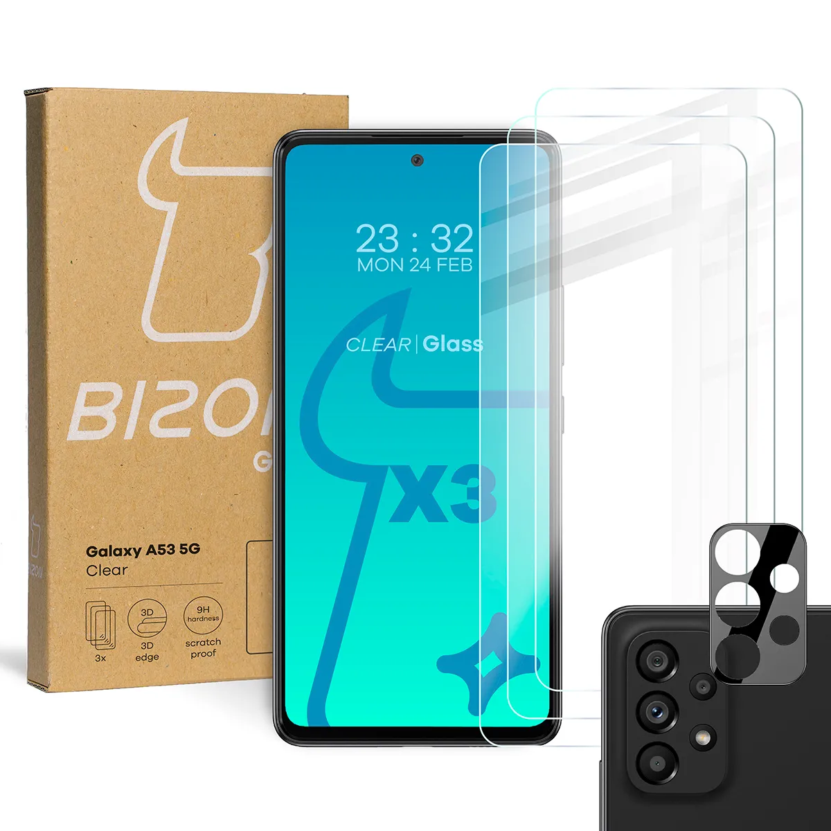 Zestaw ochronny Bizon 3x Szkło hartowane + szybka na aparat Glass Clear Pack do Samsung Galaxy A53 5G