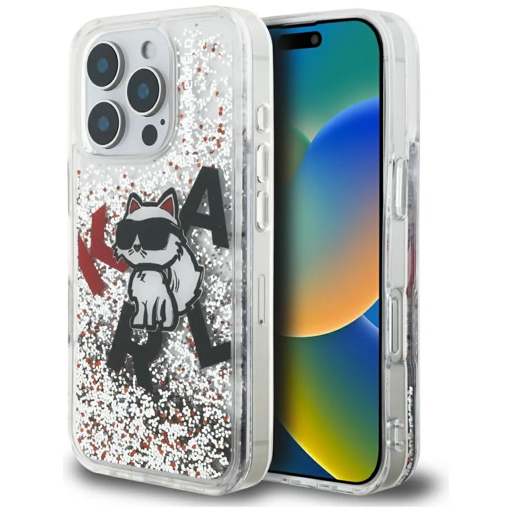 Etui Karl Lagerfeld Liquid Glitter Choupette Logo do iPhone 16 Pro Przezroczysty