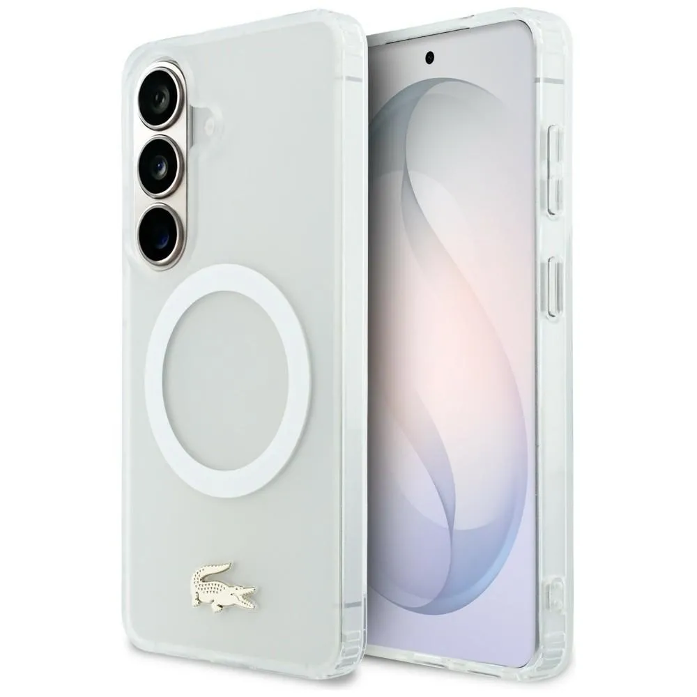 Etui Lacoste Shockproof Frosted Gold Logo MagSafe do Galaxy S26 Ultra Biały