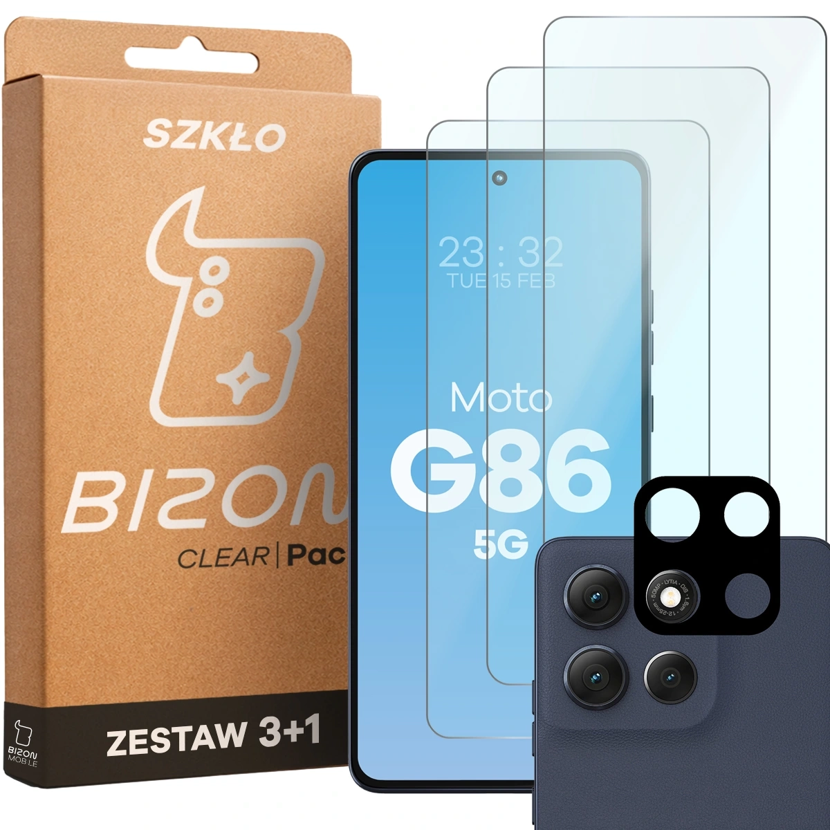 Zestaw ochronny Bizon Szkło + szybka na aparat Glass Clear Pack do Motorola Moto G86 5G 3 sztuki
