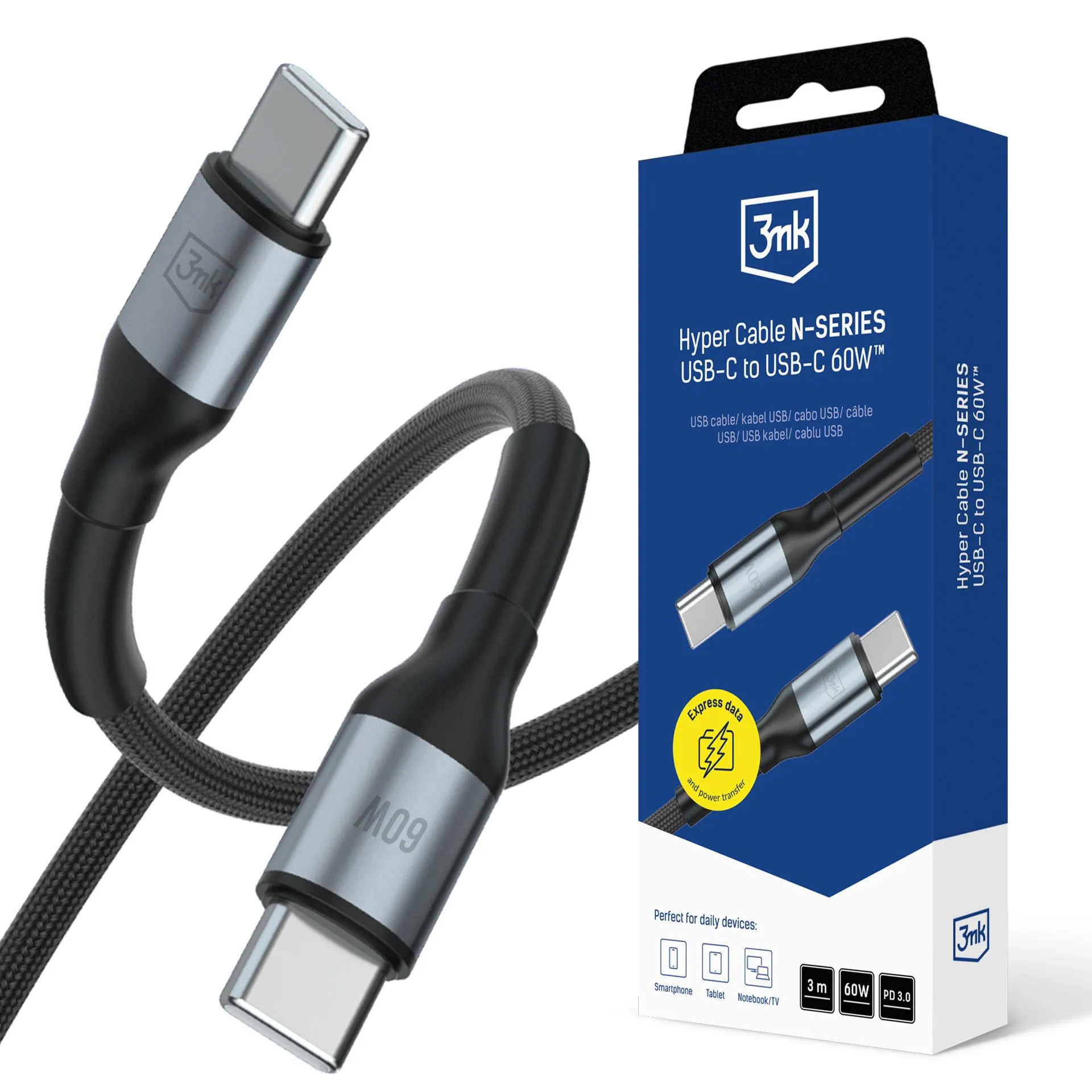 Kabel 3mk Hyper Cable N-SERIES PD3.0 20V/3A USB-C do USB-C 3m 60W Czarny