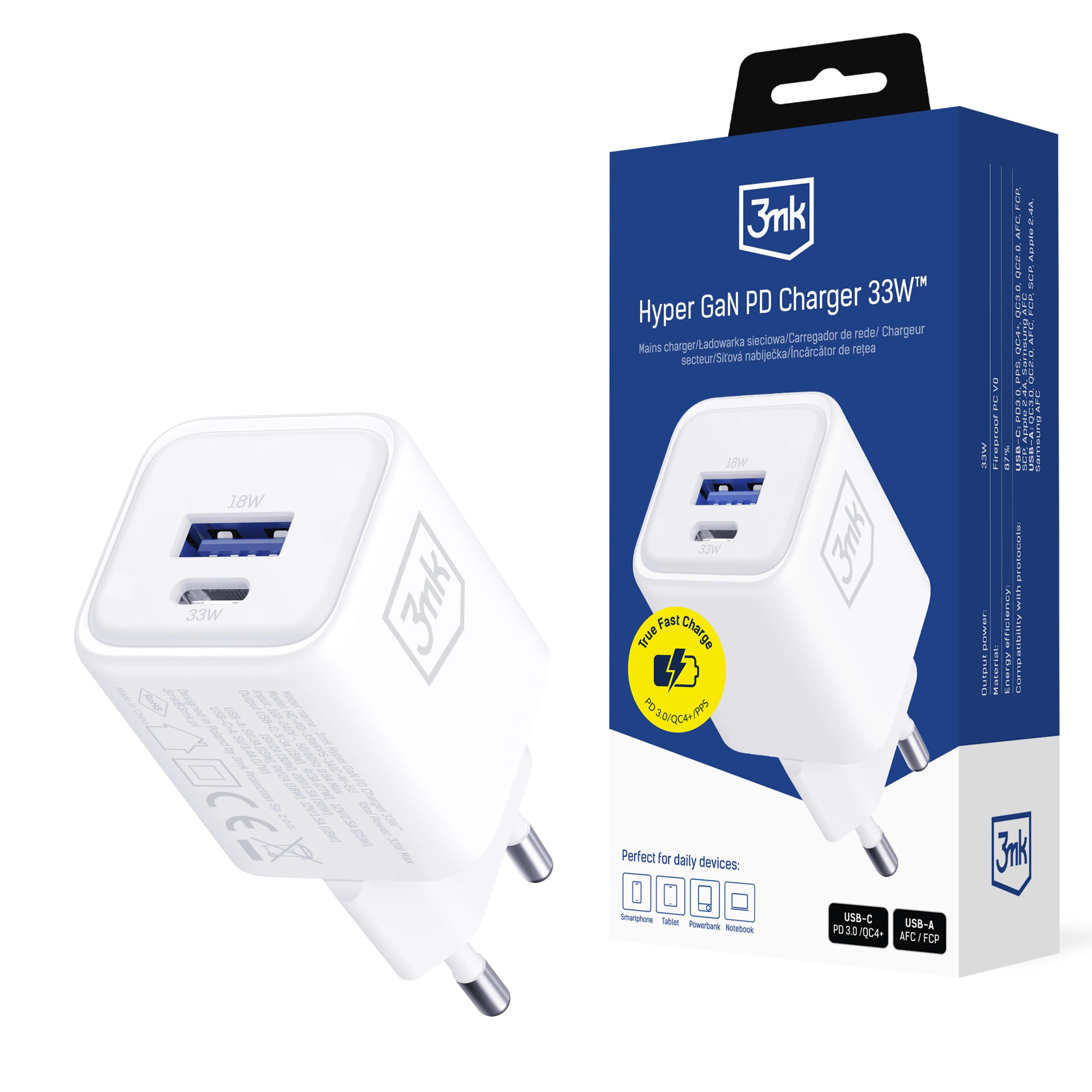 Ładowarka sieciowa 3mk Hyper Charger GaN PD QC4+ USB-A USB-C 33W Biały