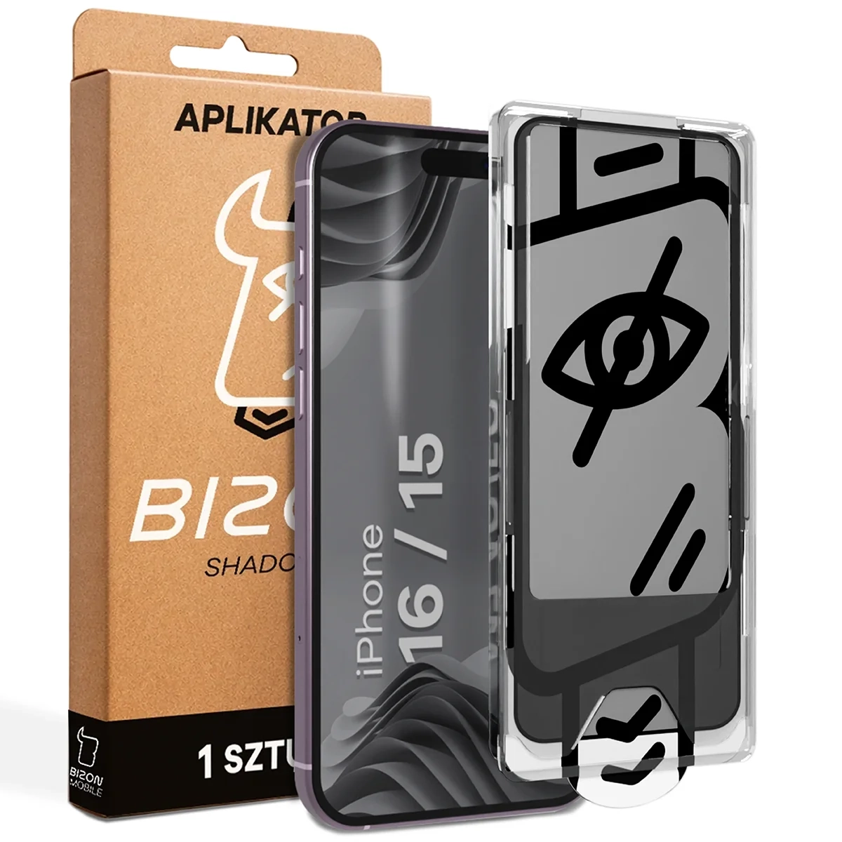 Szkło hartowane Bizon prywatyzujące z ramką montażową Glass Aplikator Shadow do iPhone 15 / 16 1 zestaw