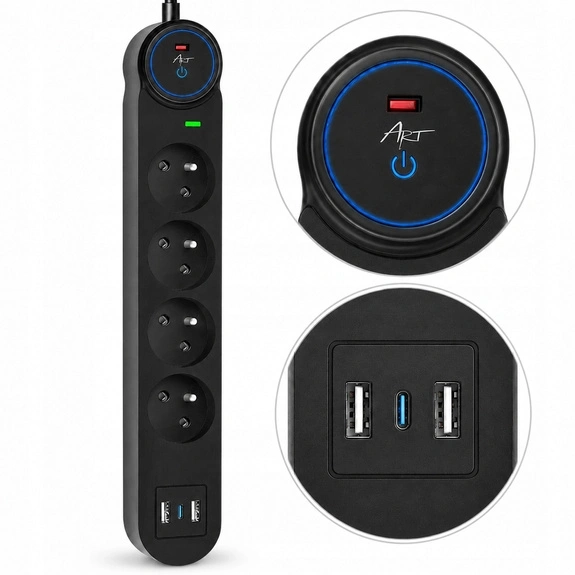 Listwa ART FU810 2x USB-A USB-C 4 gniazda 1,5m Czarny