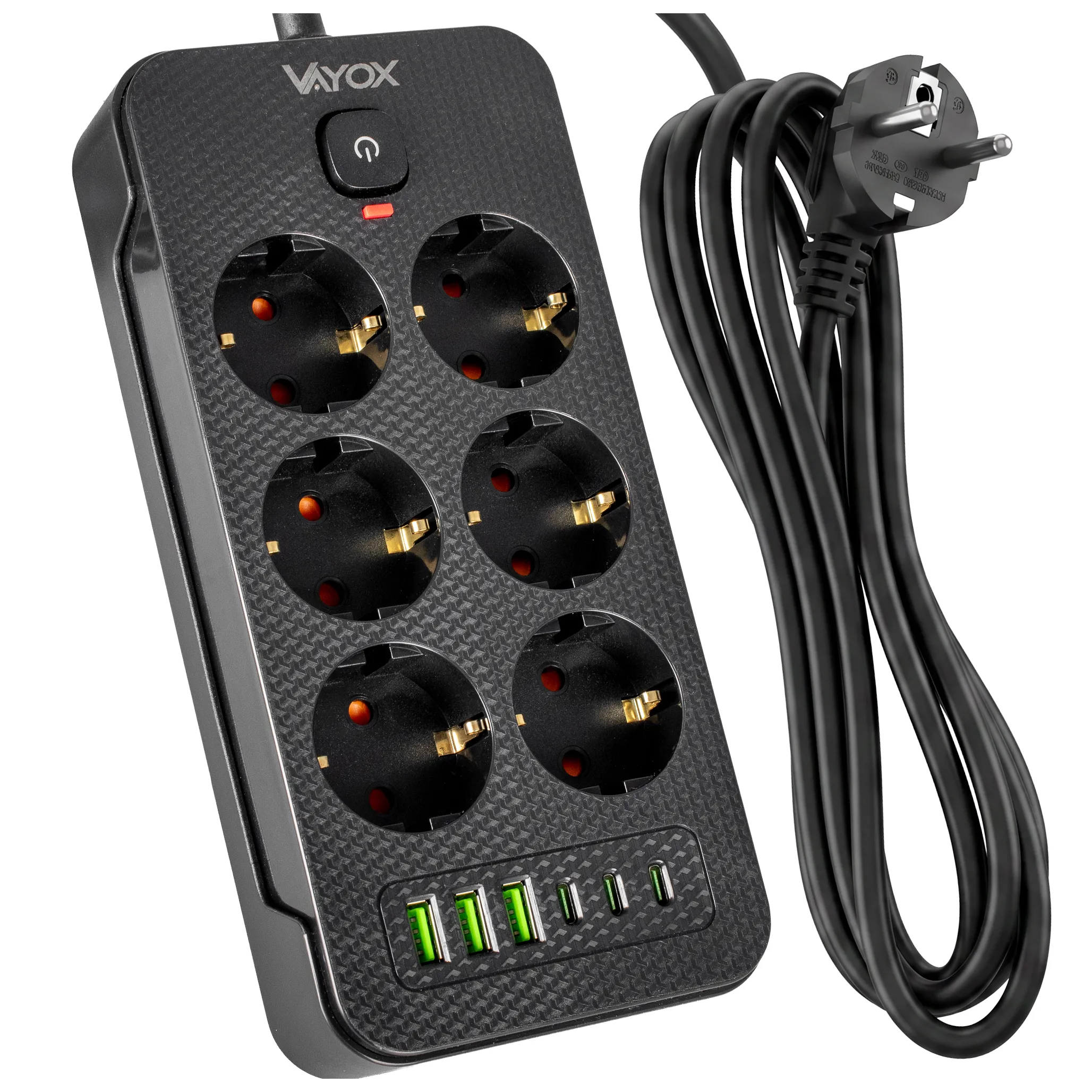 Listwa Vayox VA0465B-2 6 gniazd 3x USB-A 3x USB-C 2m Czarny