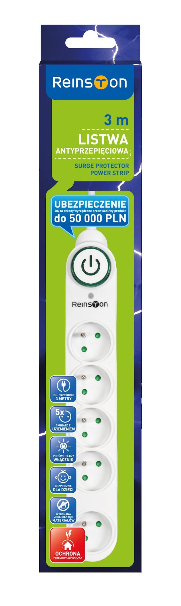 Listwa Reinston ALZ003 listwa zasilająca 5 gniazd, 3 m (biały)