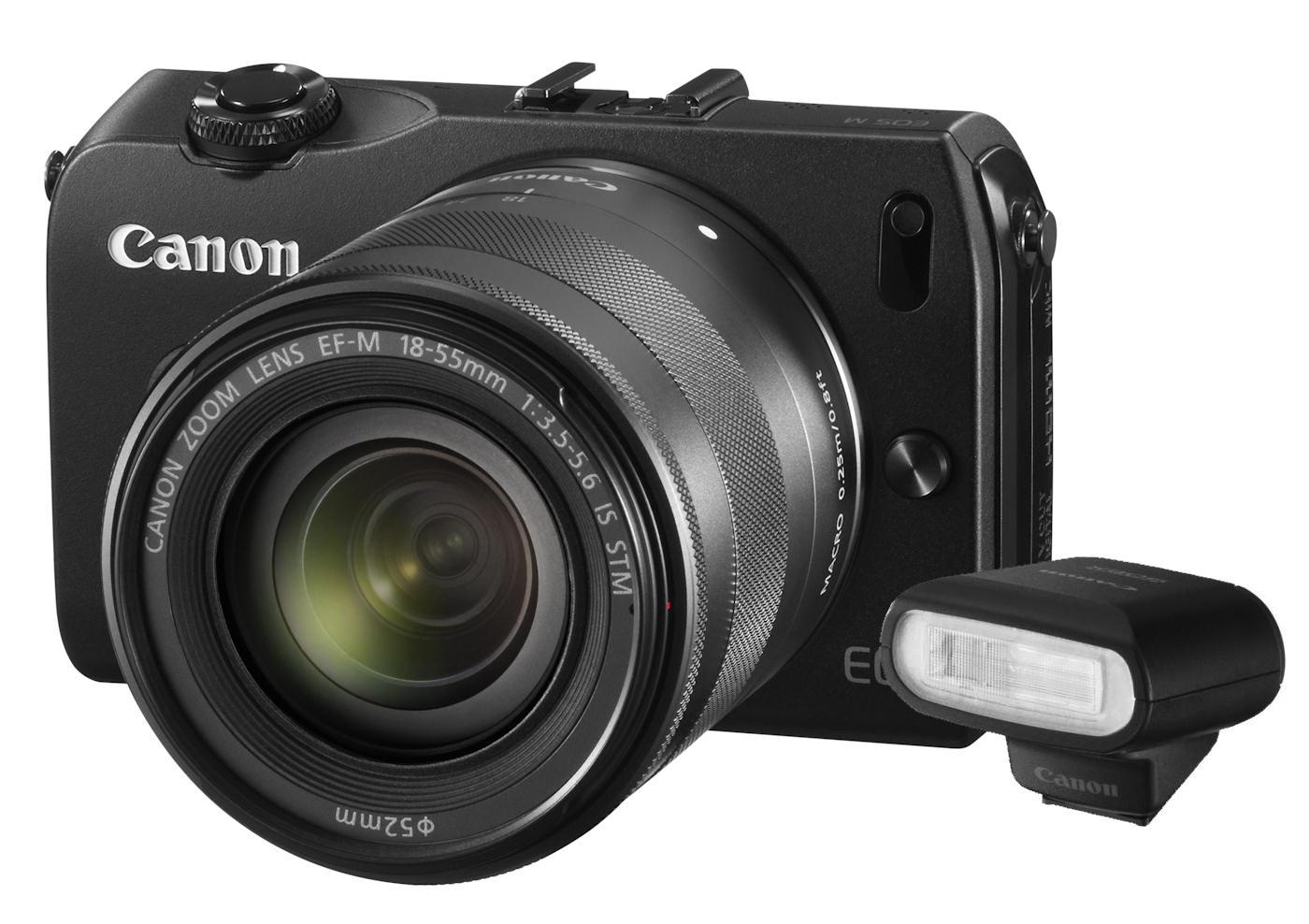 Canon EOS M + 18-55 mm f/3,5-5,6 IS STM (czarny) + lampa