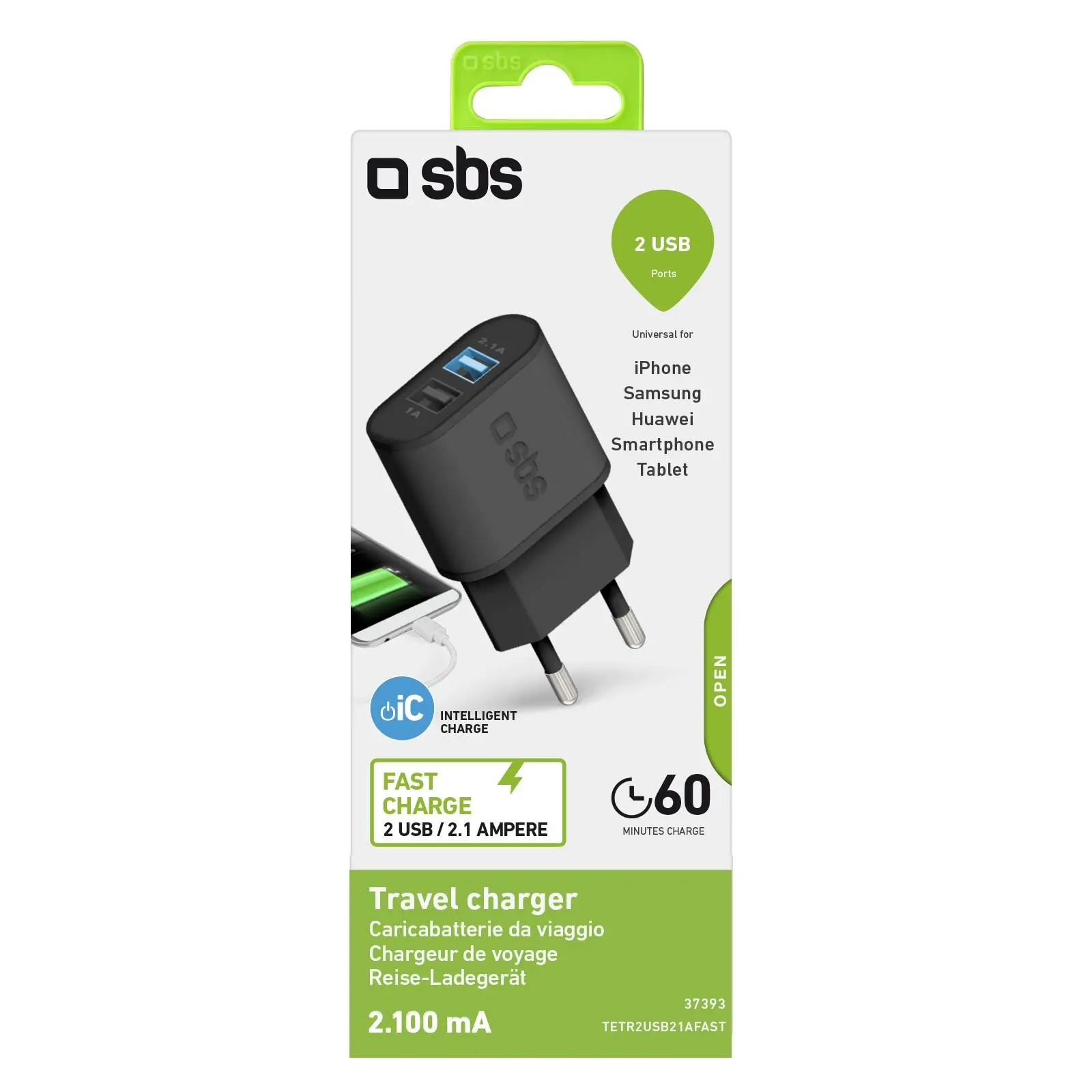 Ładowarka sieciowa SBS TETR2USB21AFAST Ładowarka sieciowa 2xUSB Fast Czarny