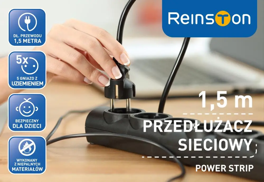 Przedłużacz Reinston EPRZ010 5 gniazd 1,5m Czarny
