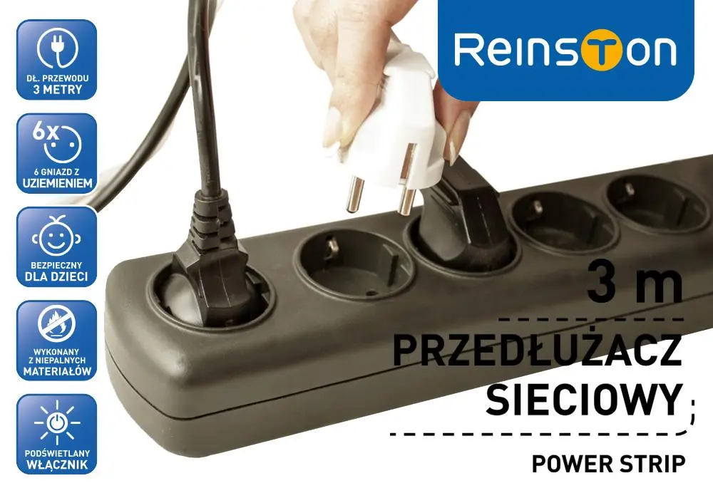 Przedłużacz Reinston EPRZ014 6 gniazd 3m Czarny