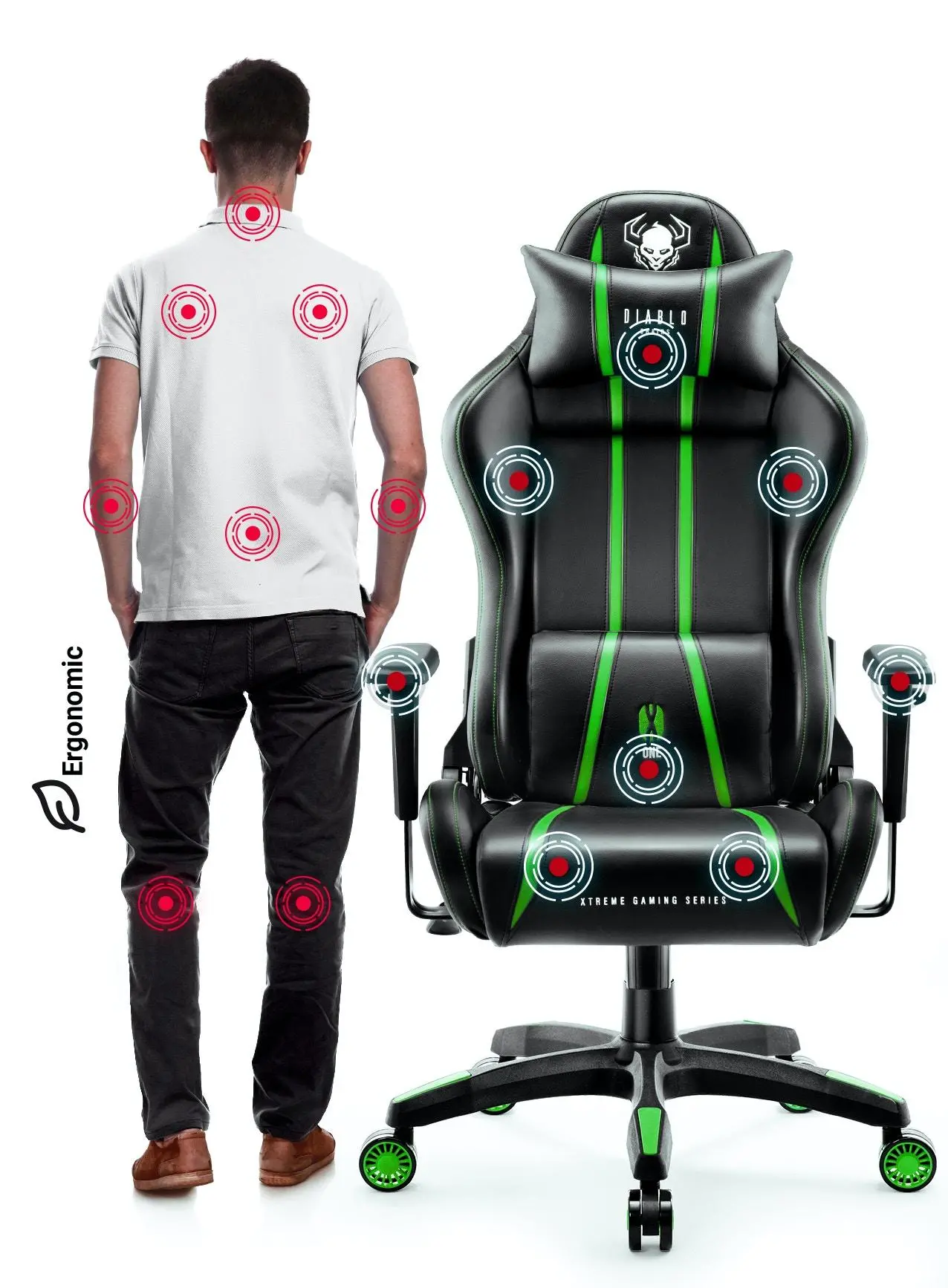 Fotel Diablo Chairs X-One 2.0 Normal Size Gamingowy do 136kg Skóra ECO Tkanina Czarno-zielony