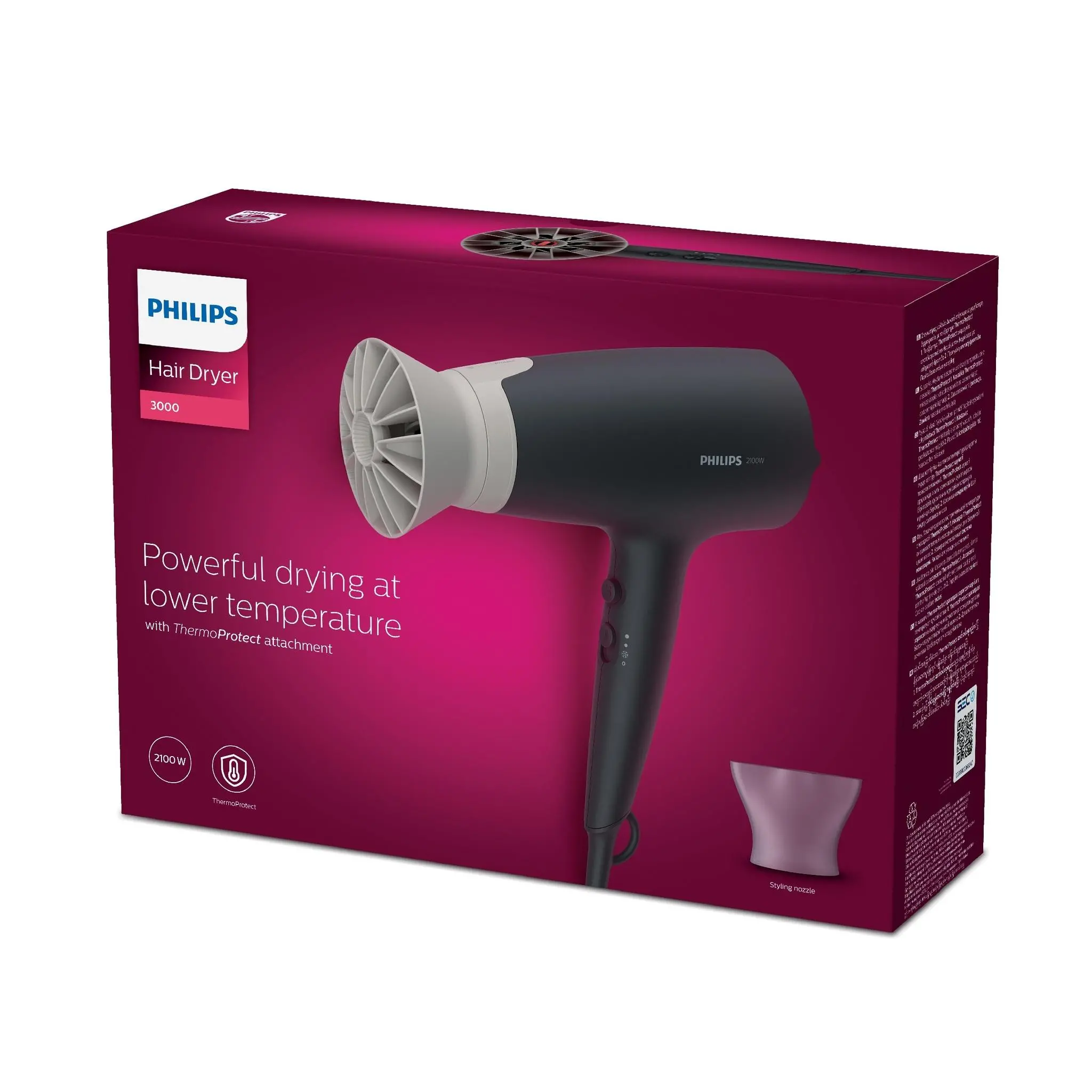 Suszarka do włosów Philips Seria 3000 ThermoProtect BHD351/10 Jonizacja Zimny nawiew 2100W 2 prędkości 3 temperatury