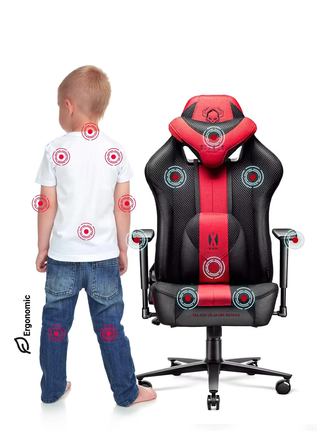 Fotel Diablo Chairs X-Player 2.0 Kids Size Dla dzieci do 120kg Skóra ECO Tkanina Karmazynowo-antracytowy