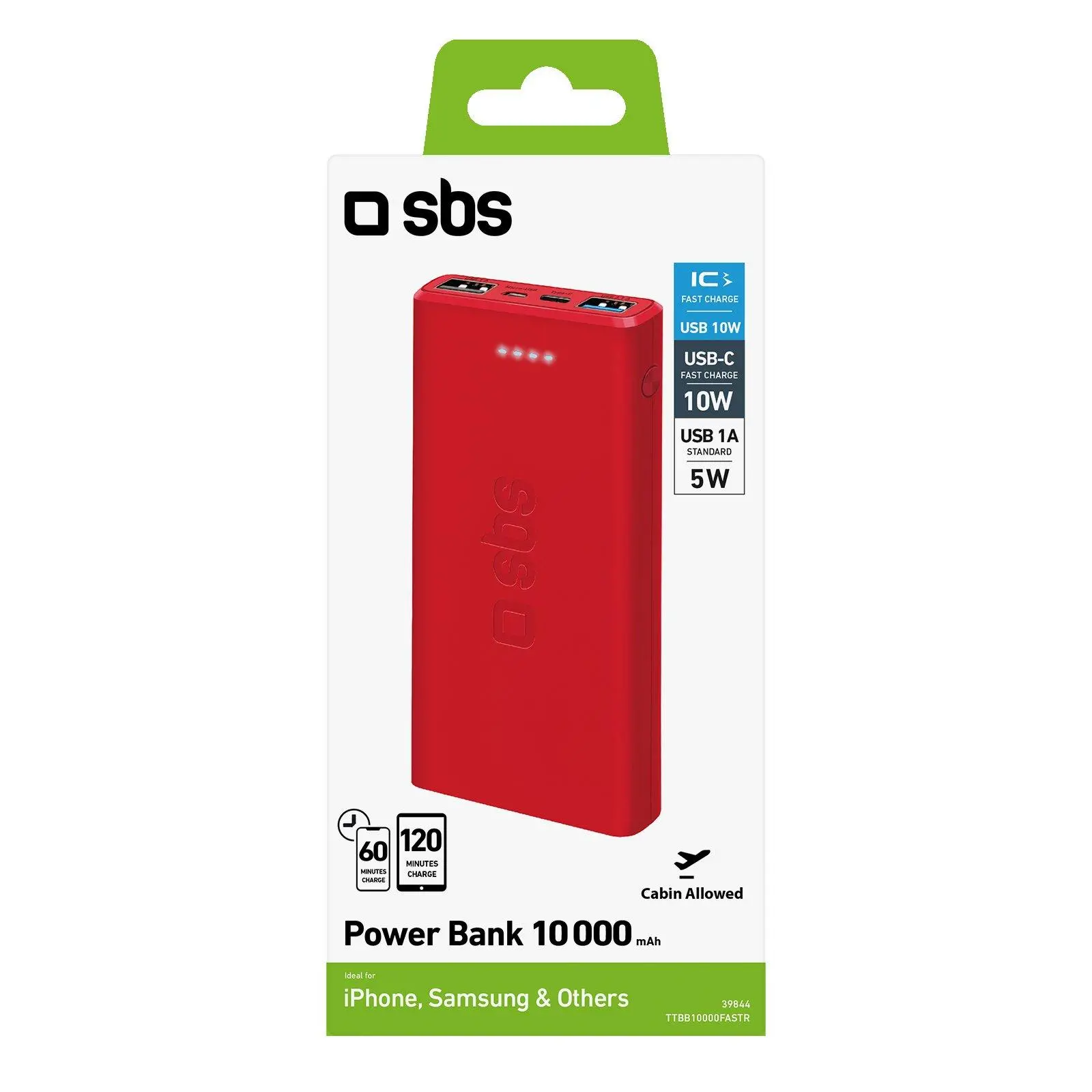 Powerbank SBS TTBB10000FASTR 10000mAh USB-C + micro USB 10W Czerwony