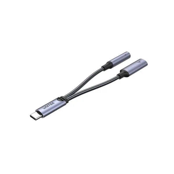 Adapter Unitek M205A USB-C-minijack 3,5mm i USB-C 60W Srebrno-szary