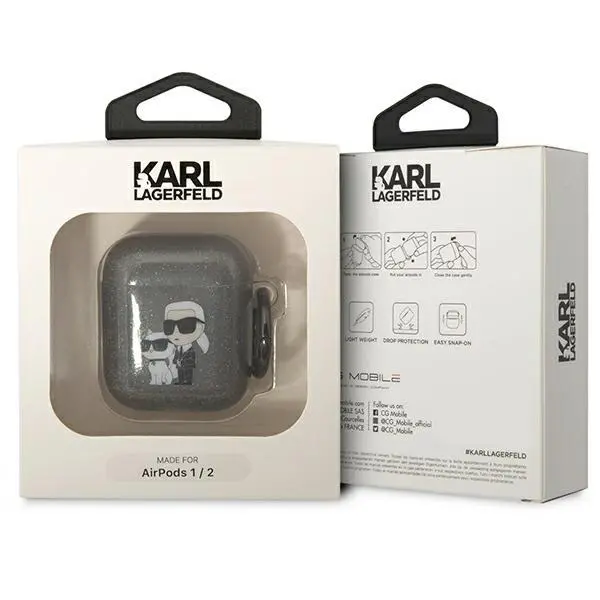 Etui na słuchawki Karl Lagerfeld Glitter Karl&Choupette do Airpods 1/2 Przezroczysty/Czarny