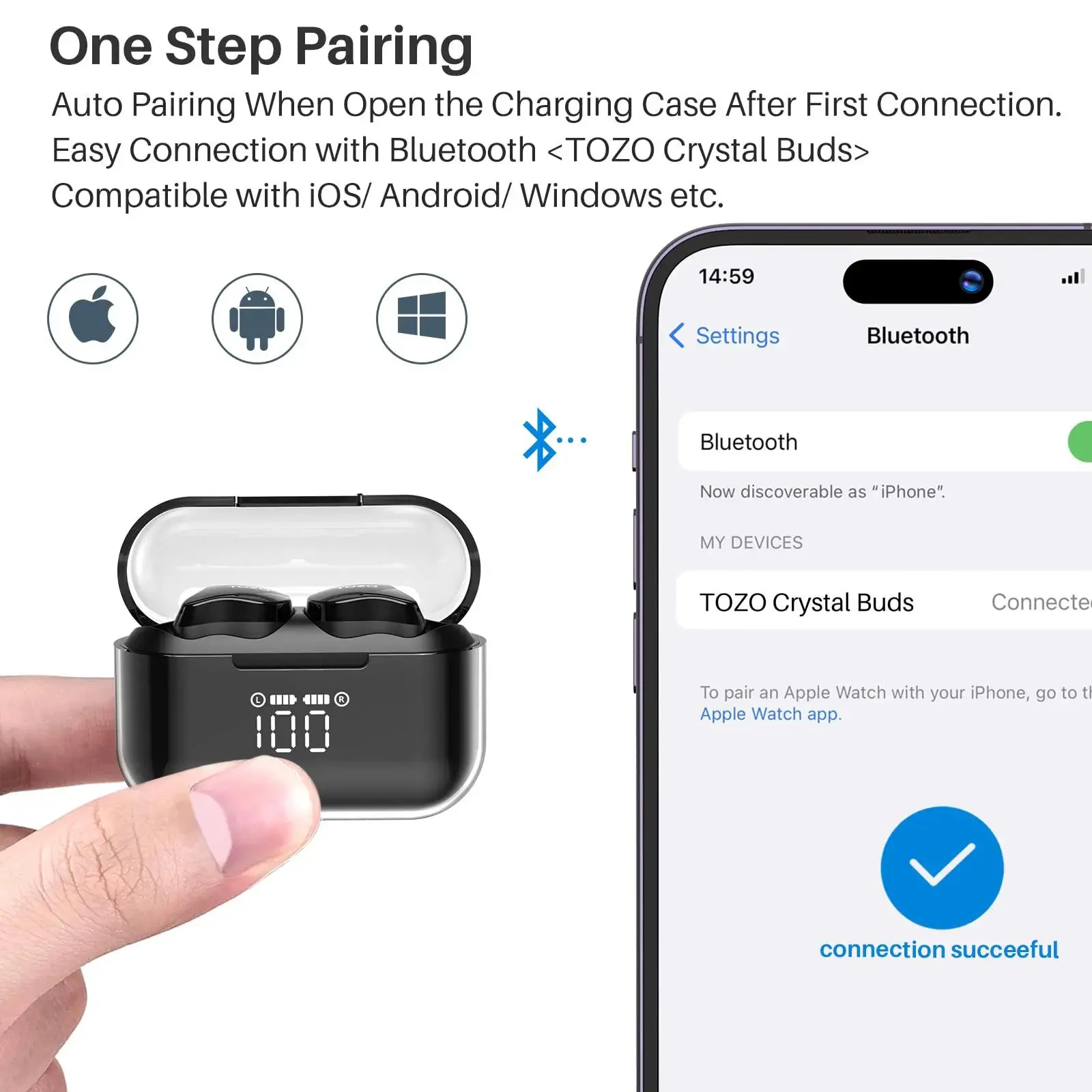 Słuchawki bezprzewodowe Tozo T18 Crystal Buds Dokanałowe Bluetooth 5.3 Czarny