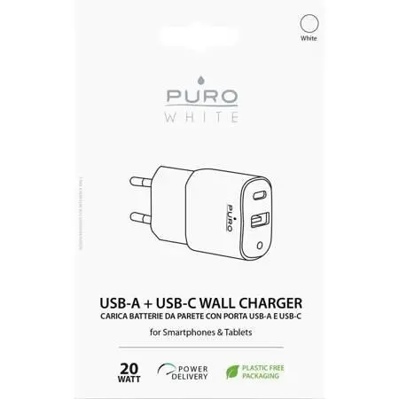 Ładowarka sieciowa Puro Mini USB-A + USB-C Power Delivery 20W Biały