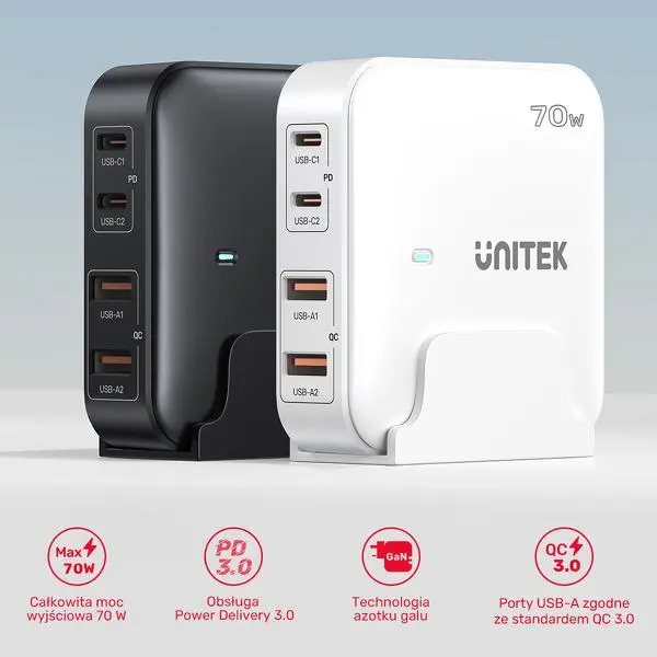 Ładowarka biurkowa Unitek GaN 70W 2x USB-A+2x USB-C Czarny