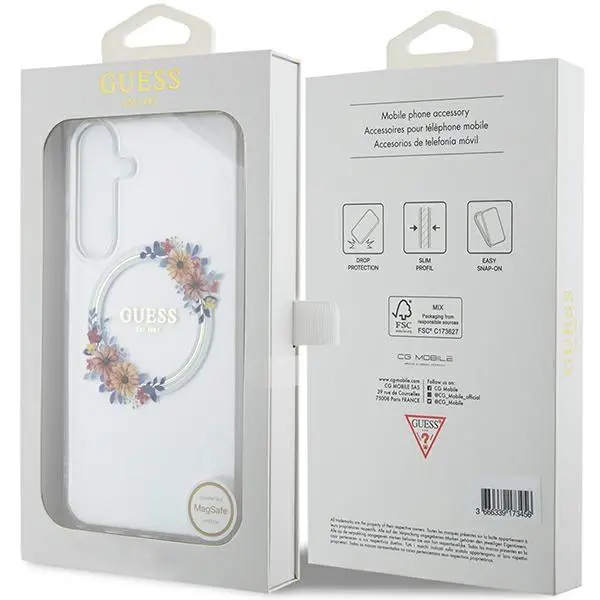 Etui Guess IML Flowers Wreath MagSafe do Samsung Galaxy S24+ Przezroczysty