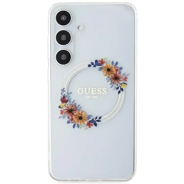 Etui Guess IML Flowers Wreath MagSafe do Samsung Galaxy S24+ Przezroczysty