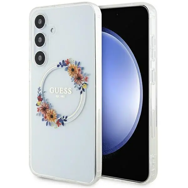 Etui Guess IML Flowers Wreath MagSafe do Samsung Galaxy S24+ Przezroczysty