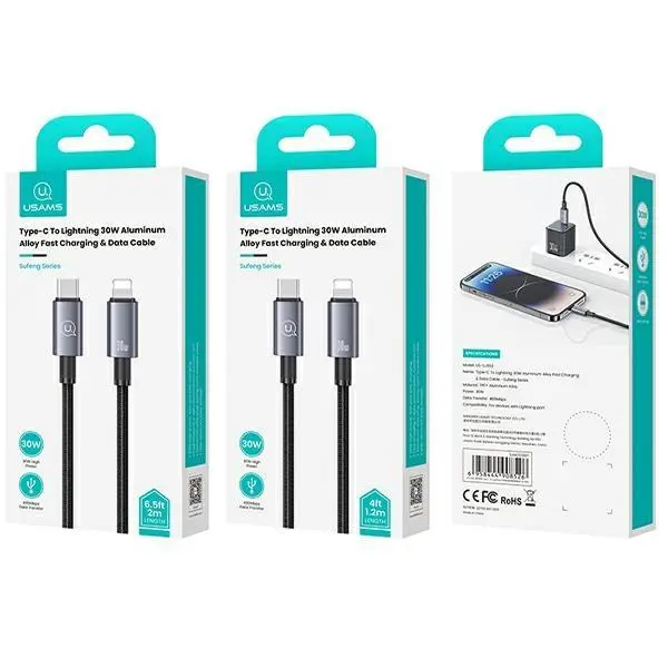 Kabel USAMS USB-C do Lightning 30W 2m Fast Charging Stalowy