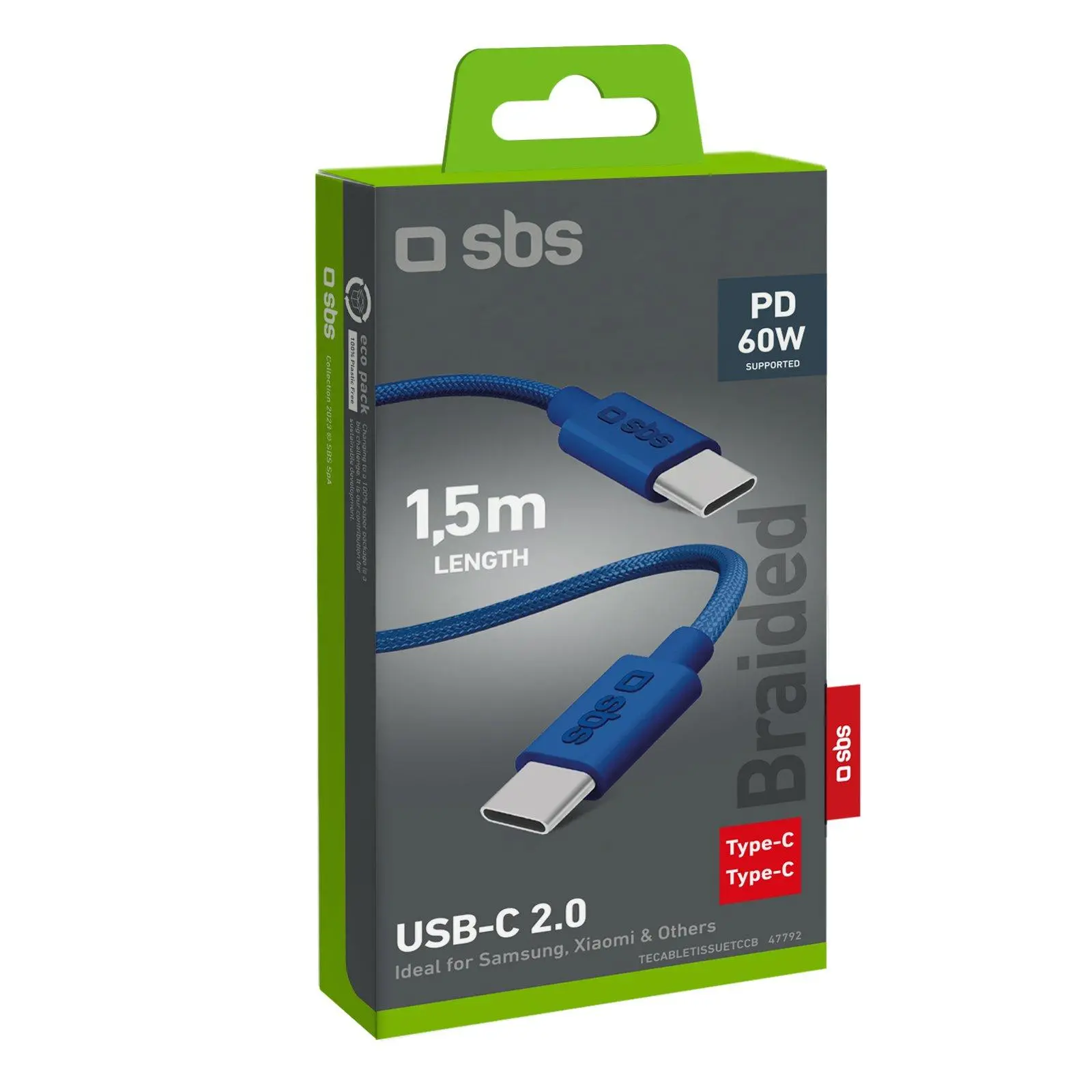 Kabel SBS USB-C do USB-C 60W 1,5m Niebieski