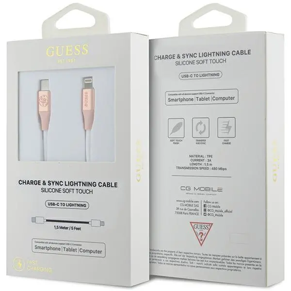 Kabel Guess Ebossed Logo USB-C do Lightning 1,5m Fast Charging Różowy