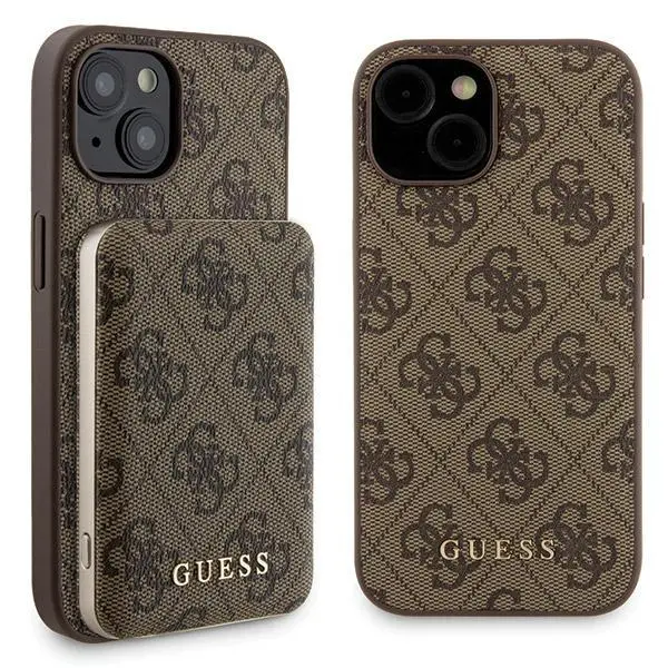Guess Zestaw do iPhone 15 + Powerbank 5000mAh MagSafe 4G Metal Logo Brązowy