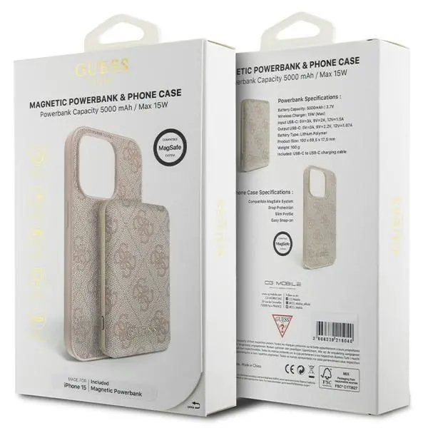 Etui Guess Zestaw do iPhone 15 + Powerbank 5000mAh MagSafe 4G Metal Logo Różowy