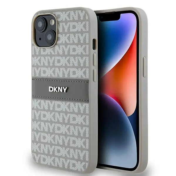 Etui DKNY Hardcase Leather Mono Stripe & Metal Logo do iPhone 14 Beżowy