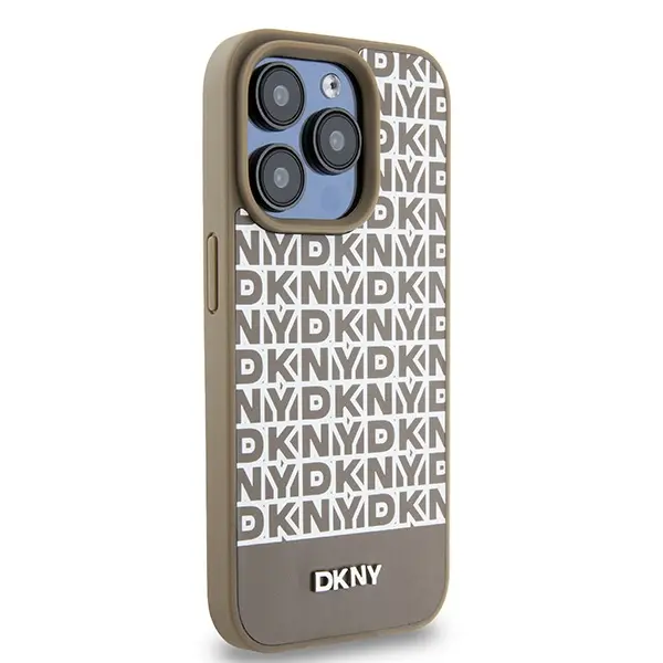 Etui DKNY Leather Printed Pattern Metal Logo MagSafe do iPhone 15 Pro Brązowy