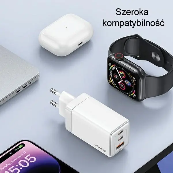 Ładowarka sieciowa USAMS CC180TC04 2x USB-C + USB 65W Niebieski