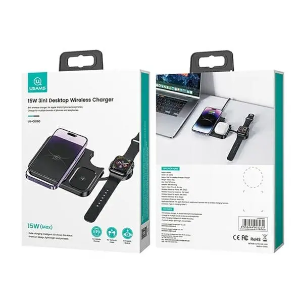 Ładowarka indukcyjna USAMS CD190WXC01 3w1 15W Czarny