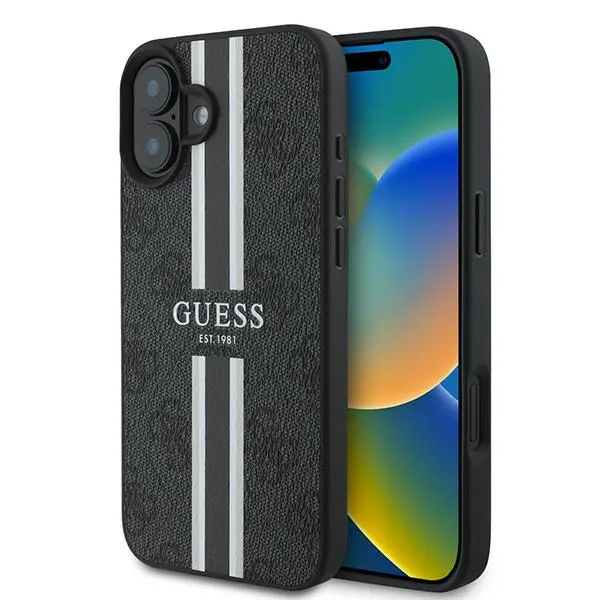 Etui Guess 4G Printed Stripes MagSafe do iPhone 16 Plus Czarny