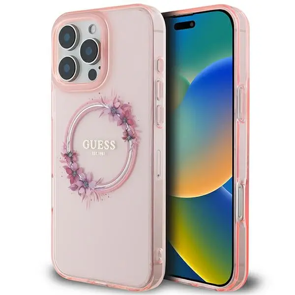 Etui Guess IML Flowers Wreath MagSafe do iPhone 16 Pro Max Różowy