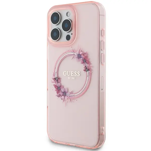 Etui Guess IML Flowers Wreath MagSafe do iPhone 16 Pro Max Różowy