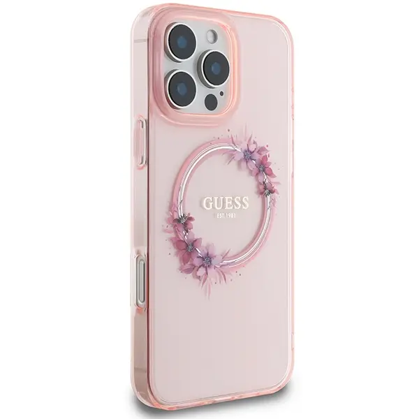 Etui Guess IML Flowers Wreath MagSafe do iPhone 16 Pro Max Różowy