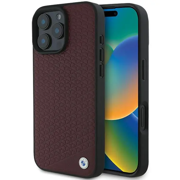 Etui BMW Sign Leather Diamond Metal Logo MagSafe do iPhone 16 Pro Max Czerwony