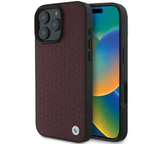 Etui BMW Sign Leather Diamond Metal Logo MagSafe do iPhone 16 Pro Max Czerwony