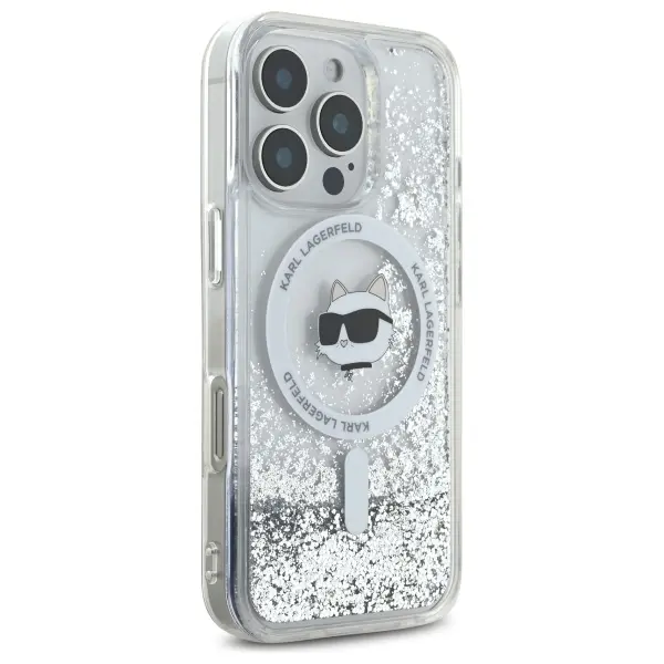 Etui Karl Lagerfeld Liquid Glitter Choupette Head MagSafe do iPhone 16 Pro Przezroczysty