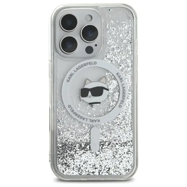 Etui Karl Lagerfeld Liquid Glitter Choupette Head MagSafe do iPhone 16 Pro Przezroczysty