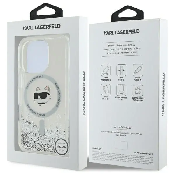 Etui Karl Lagerfeld Liquid Glitter Choupette Head MagSafe do iPhone 16 Pro Przezroczysty