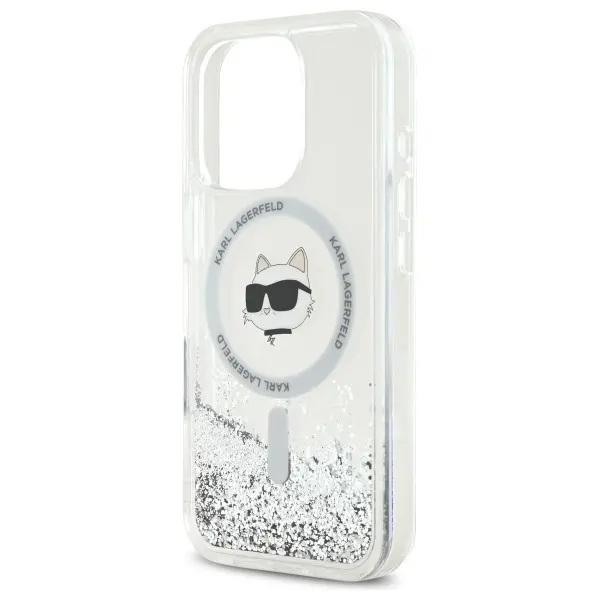 Etui Karl Lagerfeld Liquid Glitter Choupette Head MagSafe do iPhone 16 Pro Przezroczysty