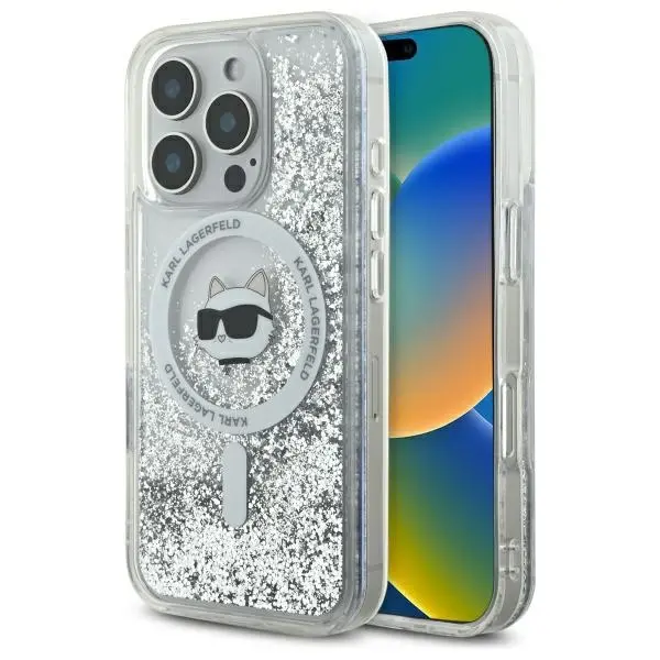 Etui Karl Lagerfeld Liquid Glitter Choupette Head MagSafe do iPhone 16 Pro Przezroczysty