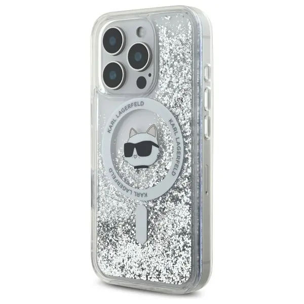Etui Karl Lagerfeld Liquid Glitter Choupette Head MagSafe do iPhone 16 Pro Przezroczysty