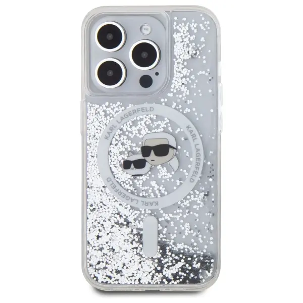Etui Karl Lagerfeld Liquid Glitter Karl&Choupette Head MagSafe do iPhone 15 Pro Max Przezroczysty